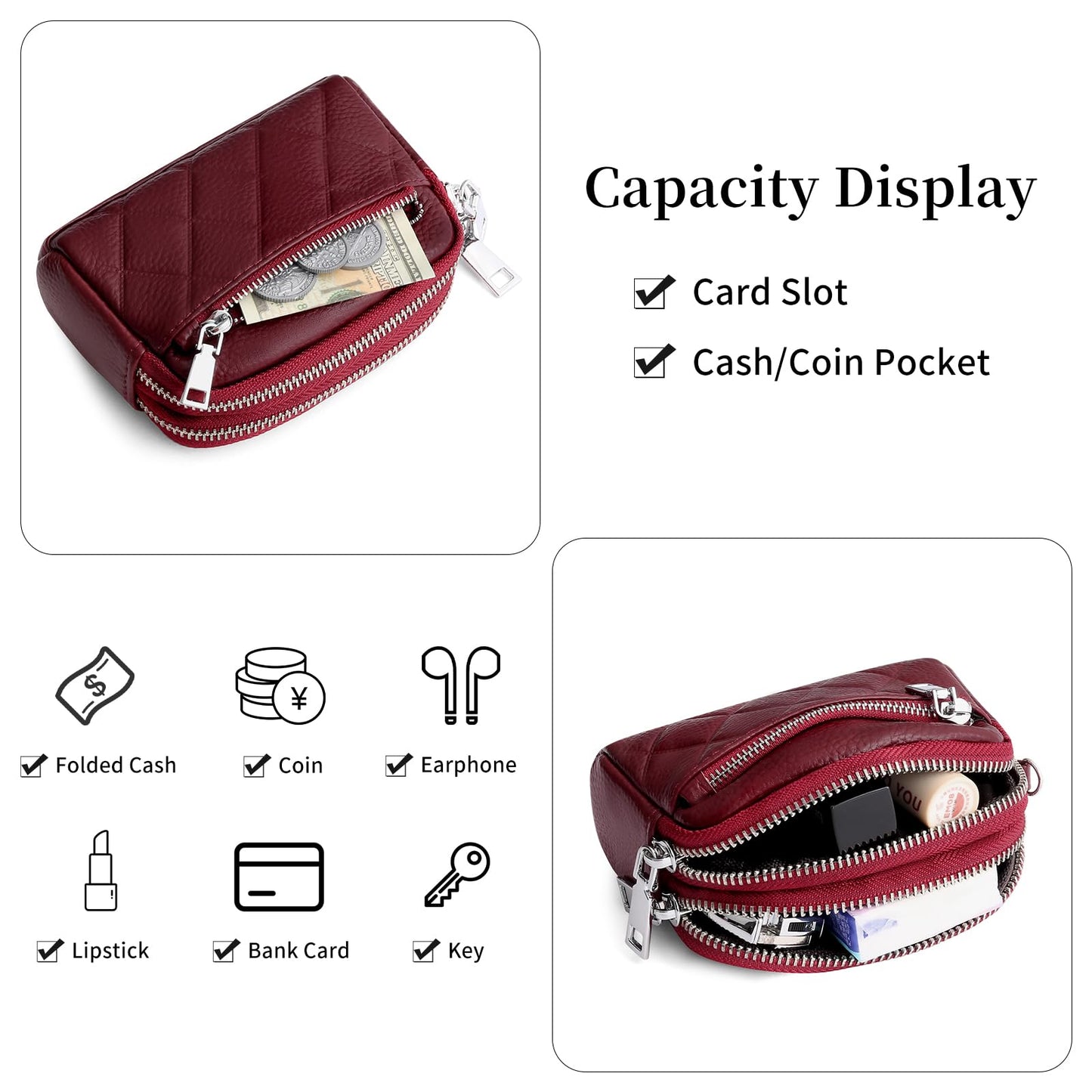 SENDEFN Women's Coin Purse Genuine Leather Wallet 3 Zippers Change Pouch with Wristlet