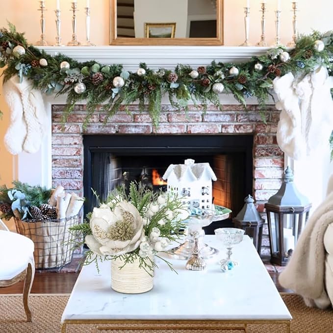 9 inch White Christmas Table Centerpiece 5" Glitter Magnolia Flower and White Berries Fir Greenery Artificial Christmas Floral Centerpiece Tabletop Christmas Table Arrangement Decor