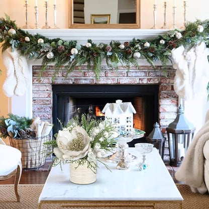 9 inch White Christmas Table Centerpiece 5" Glitter Magnolia Flower and White Berries Fir Greenery Artificial Christmas Floral Centerpiece Tabletop Christmas Table Arrangement Decor