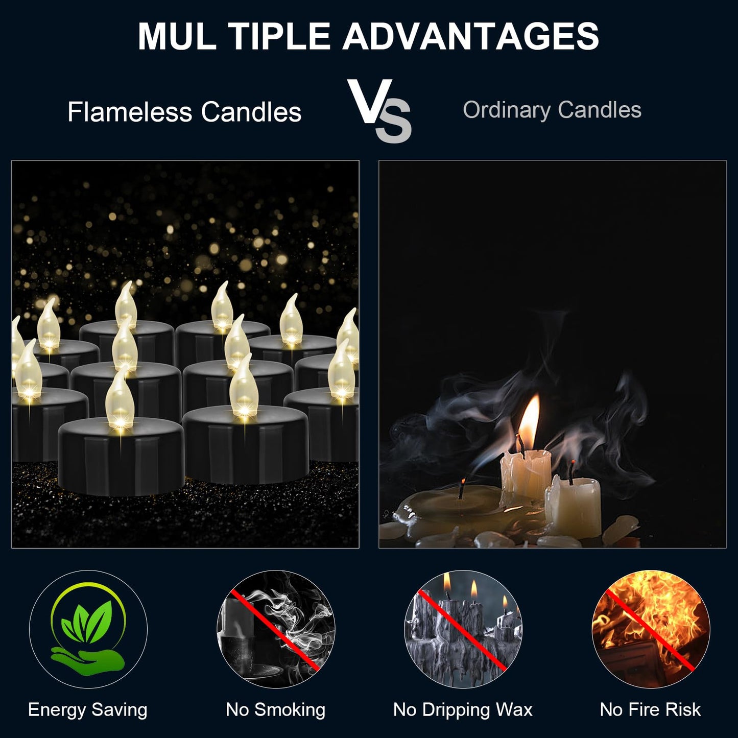 Hanzim Battery Operated LED Tea Lights: 12PACK Flameless Votive Candles Lamp Realistic and Bright Flickering Holiday Gift Long Lasting 200Hours for Seasonal & Festival Celebration Black