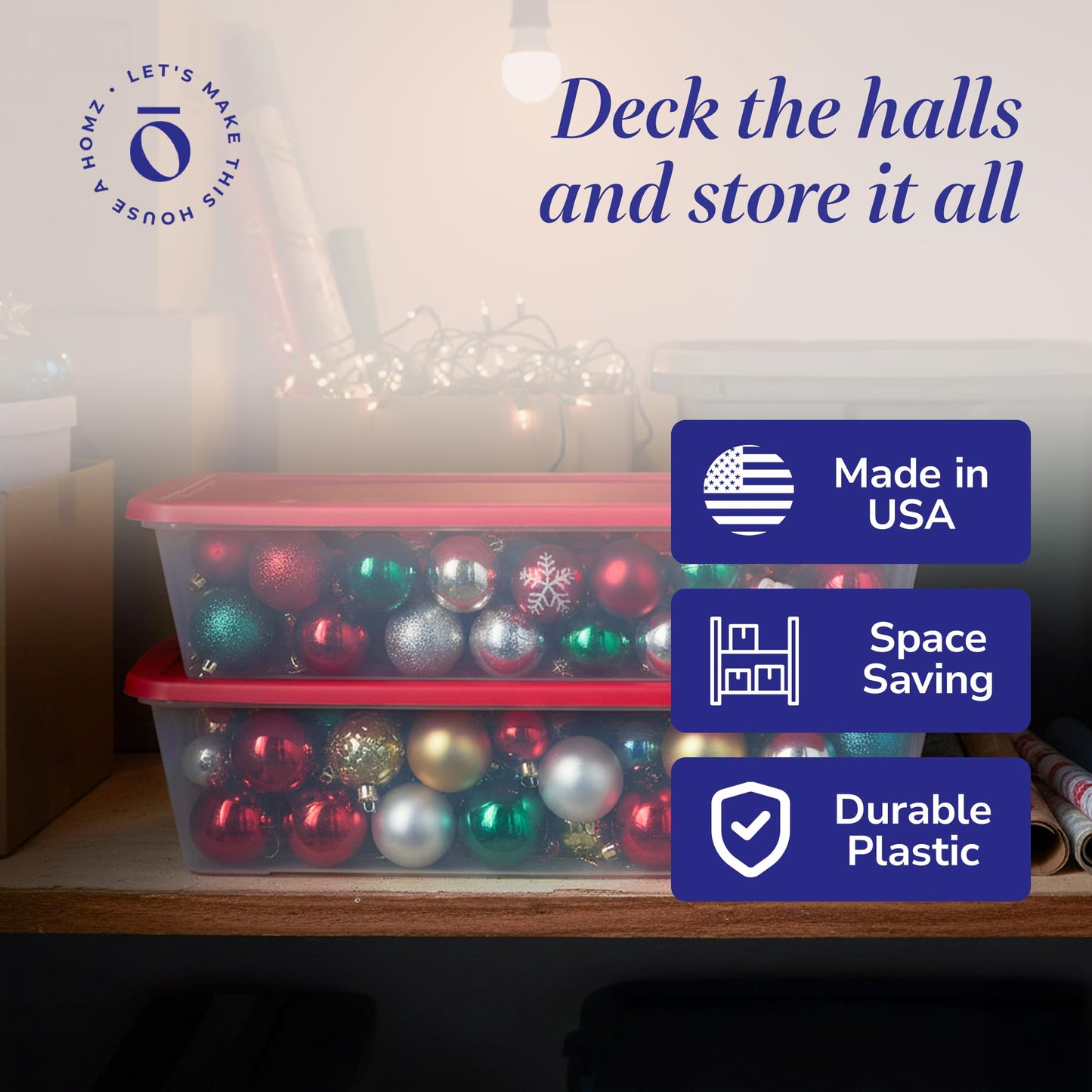 HOMZ 2-Pack Holiday Tote, Clear Plastic Storage Organizer Bins with Lids, 41 Quart, Red - Stackable Organizing Containers for Christmas Ornament Decorations, Gift Wraps, and Crafts
