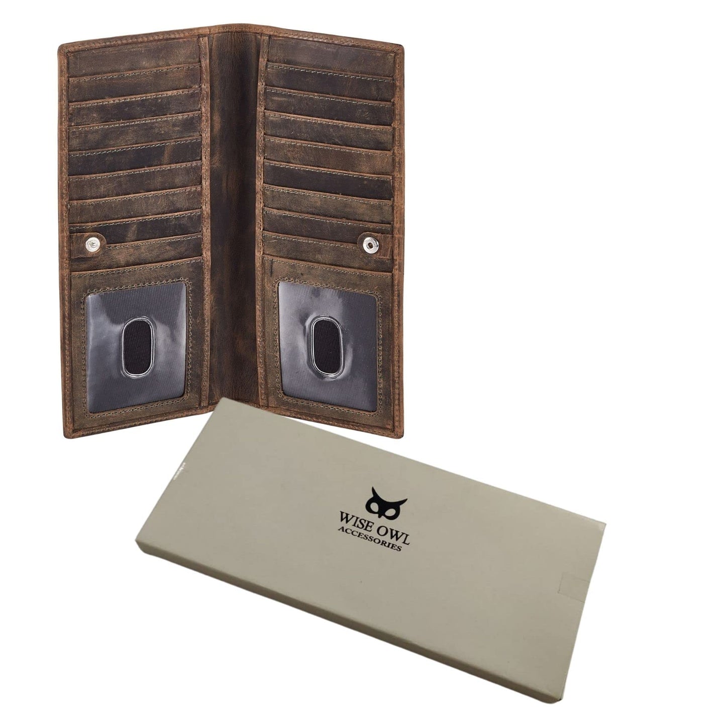 Long Wallet for Men Women Real Leather Bifold RFID Stylish Slim Handmade 2 ID Window Credit Card Holder in Gift Box (Moss Green, Crazy Horse)