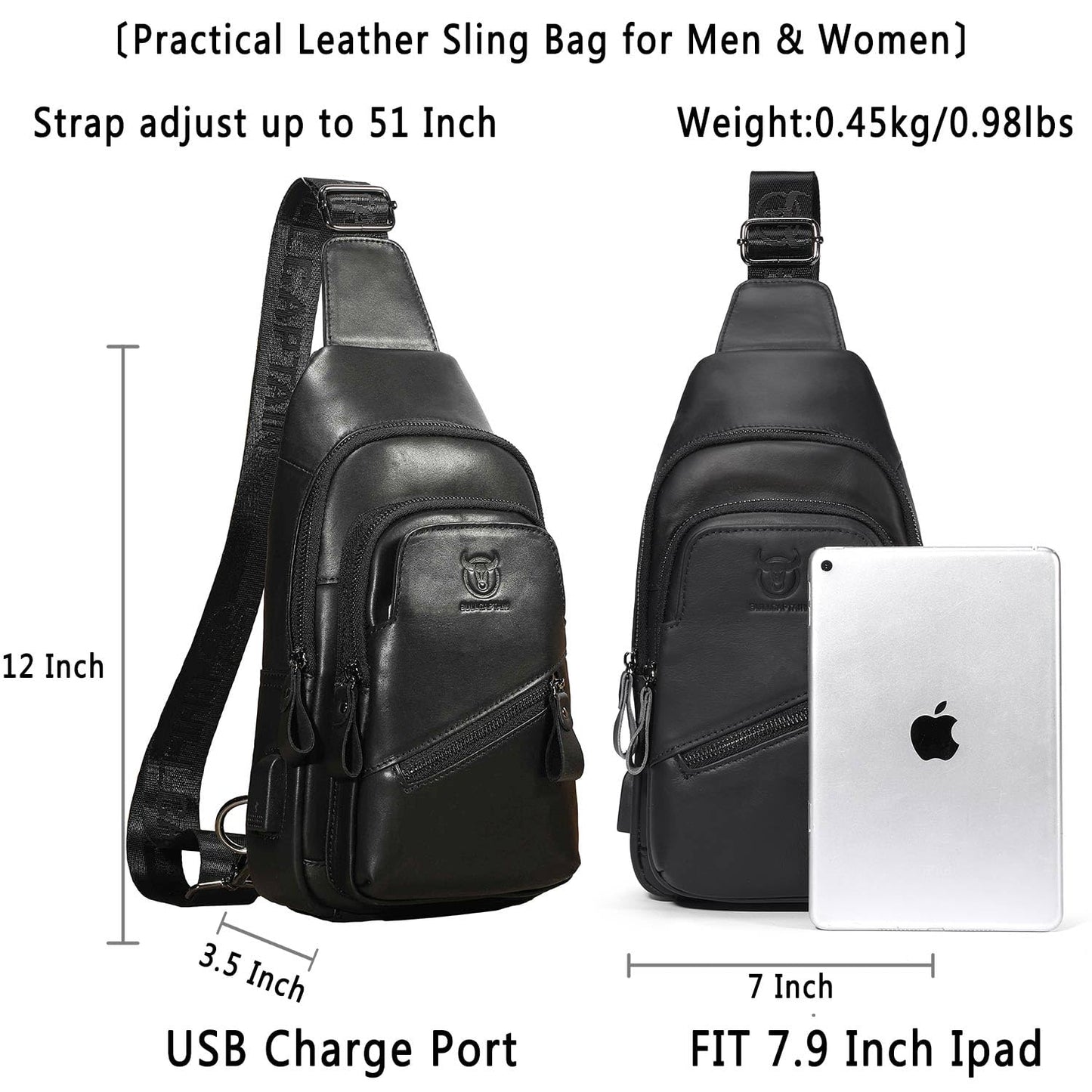 Leather Sling Bag for Men Crossbody Backpack with USB Charging Port Casual Daypack for Hiking Shoulder & Chest Bag Purse (Black)