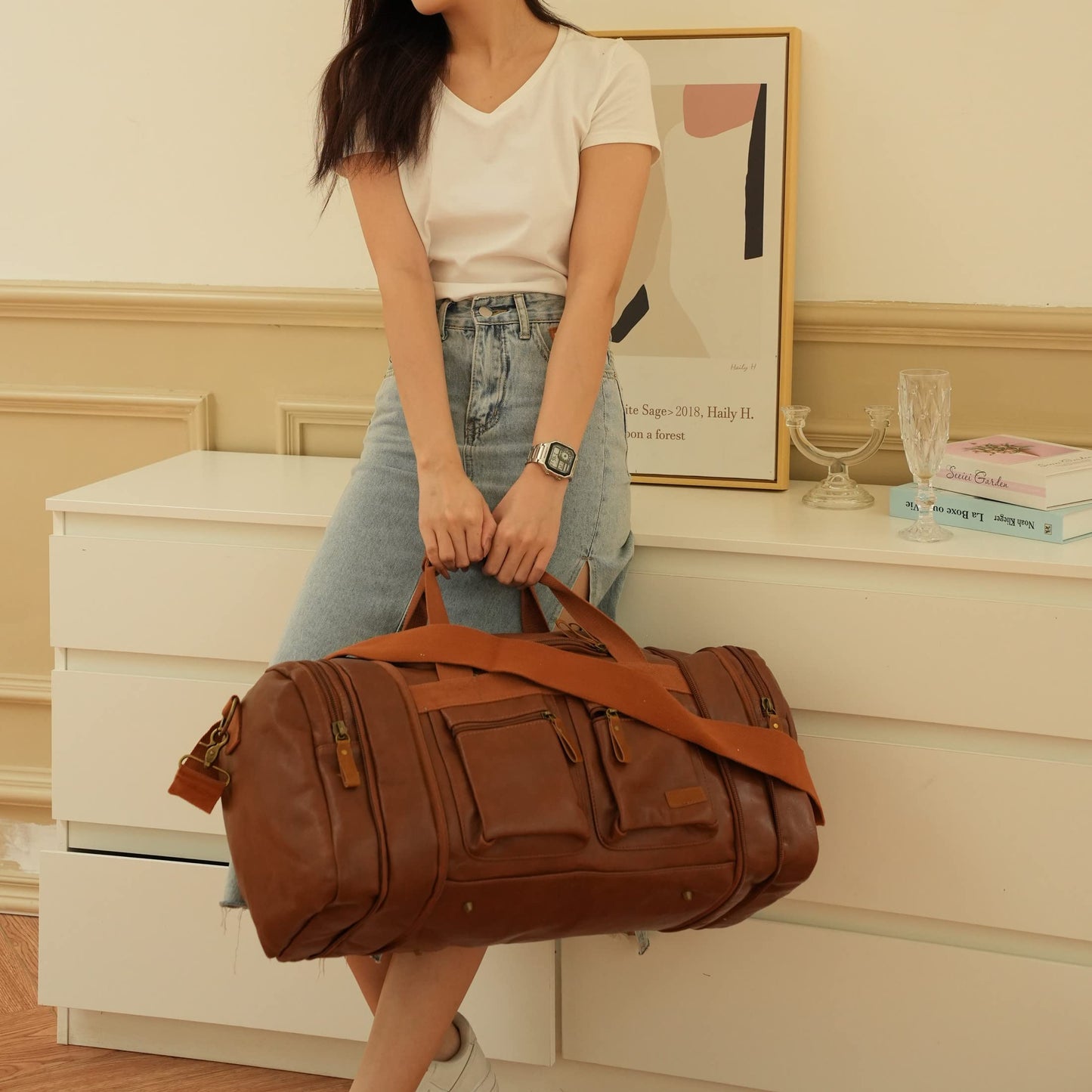 Vegan Leather Travel Duffel Weekender Bag Carry on Overnight Bag Sports Duffel bag For men and Women HB-21 (Brown)
