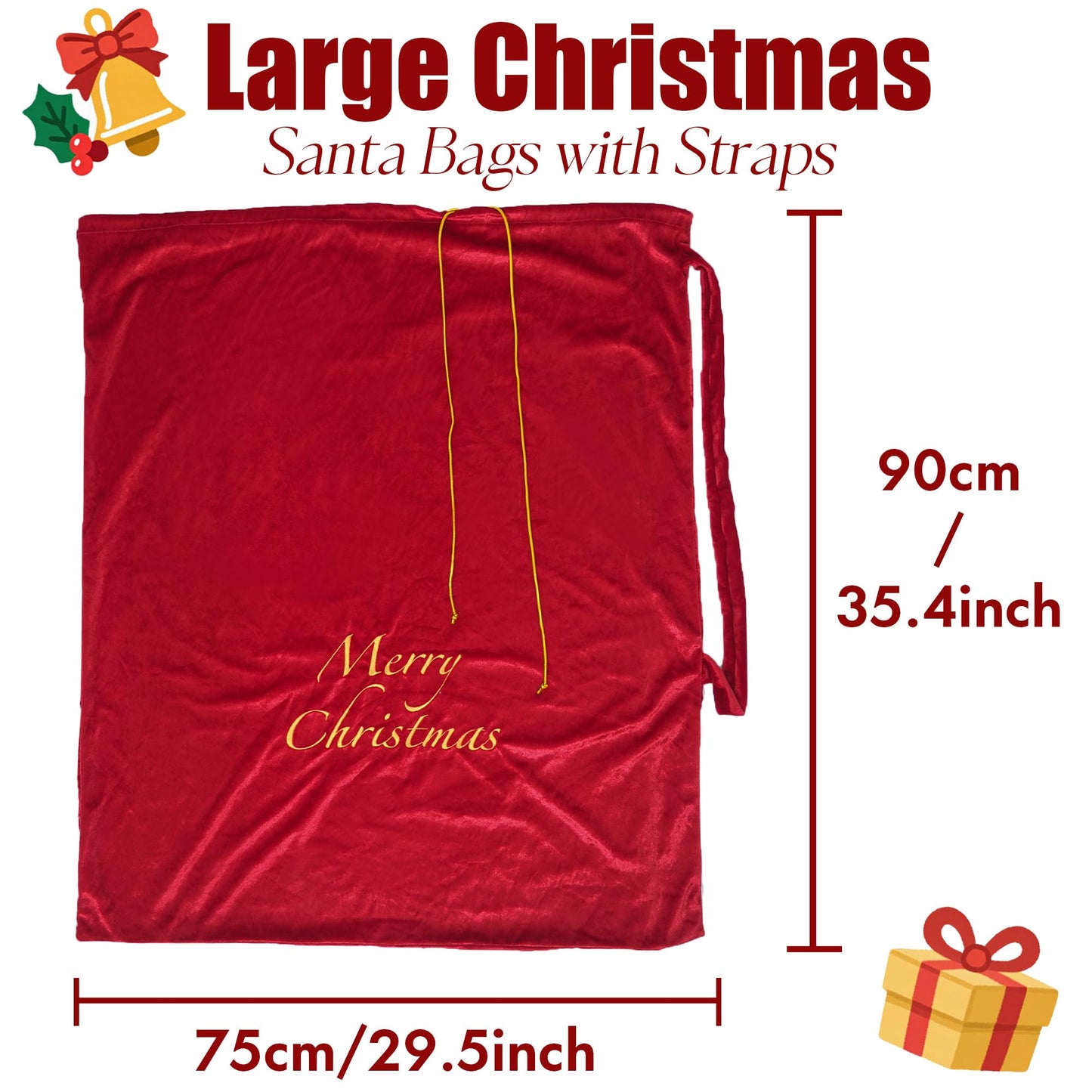 Large Velvet Santa Claus Christmas Sack with Drawstring, 29.5 x 35.5 Inch Gift Bags for Xmas Party Decor, Stocking Stuffers, and Holiday Gift Supplies (Red)