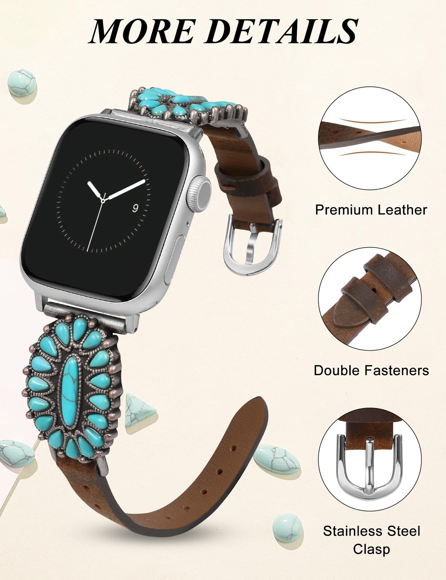 Minyee Leather Band Compatible with Apple Watch Band Women 42/46/38/40/41/44/45/49mm, Western Boho Turquoise Vintage Retro Designer Brown Slim Thin Strap for iWatch Series 11 10 9 SE 8 7 6 5 4 Ultra