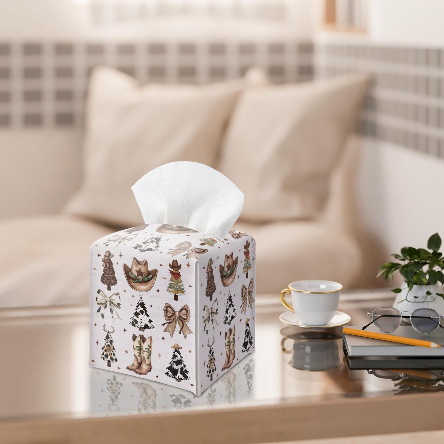 Country Christmas Tissue Box Holder, Cowgirl Boots Hat Christmas Trees Leather Tissue Box Cover Square, Paper Facial Decorative Tissues Cover for Bathroom Kitchen Office Home Decor-B33