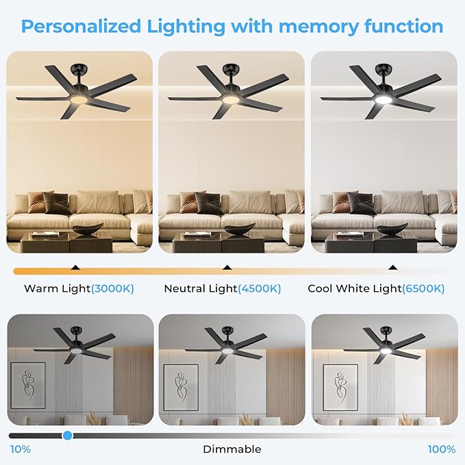 ocioc Ceiling Fans with Lights and Remote,44 Inch Black Ceiling Fan with Nightlight,6 Speeds,3000–6500K Dimmable,Quiet Reversible DC Motor,Modern Ceiling Fan for Bedroom Living Room Patio