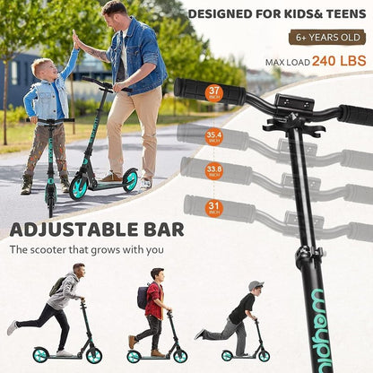 WAYPLUS KS1 Kick Scooter for Ages 6+,Kid, Teens & Adults. Max Load 240 LBS. Foldable, Lightweight, 8IN Big Wheels for Kids, Teen and Adults, 4 Adjustable Levels. Bearing ABEC9 FED Fitness