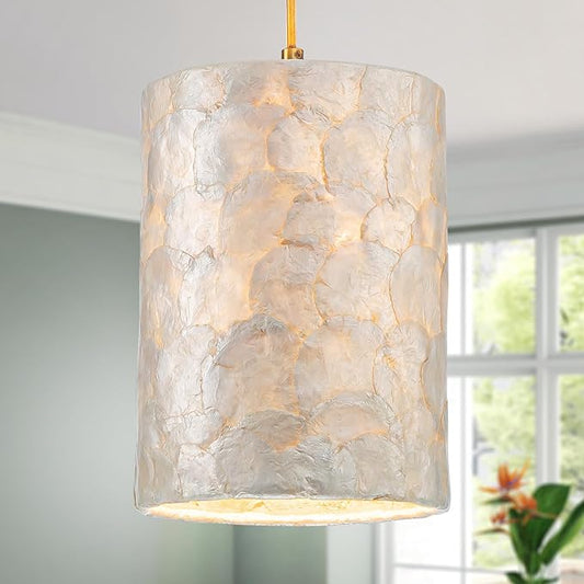1-Lights Capiz Shell Chandelier, Coastal Design, Modern Pendant Light Fixture for Dining Room, Living Room, Kitchen Island, D7 x H18~66"(Adjustable Height), Shell Lampshade & Gold Finish Frame