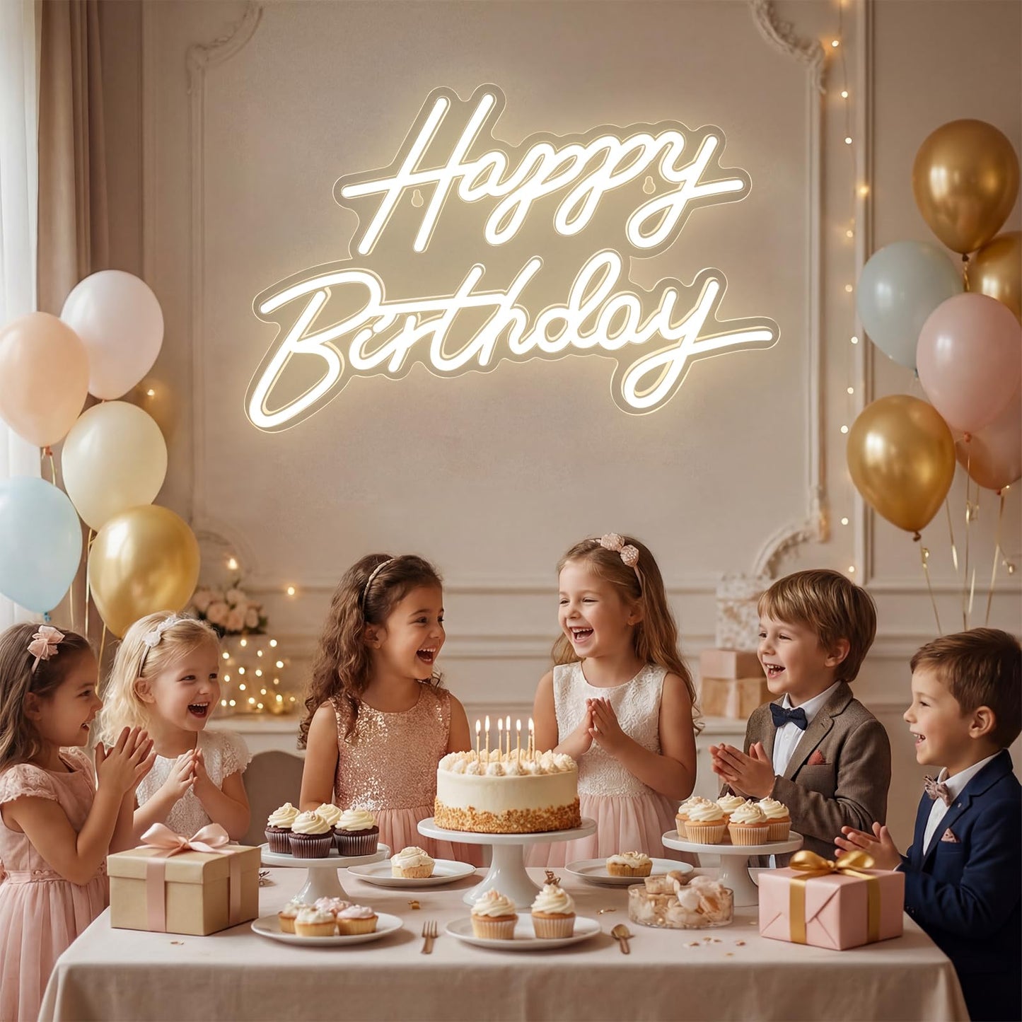 Happy Birthday Neon Sign for Wall Decor, Dimmable LED Birthday Neon Light for Wall Decor Light Up Happy Birthday Led Signs for Backdrop Birthday Any Ages Bday Celebration Decoration, Warm White