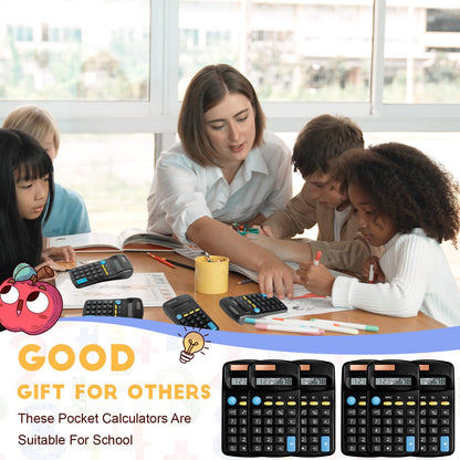 12 Packs Pocket Size Mini Black Calculator Basic Calculators for Handheld Angled Students 8 Digit Display Solar Battery Dual Power Small Calculator for Students Kids Home Office