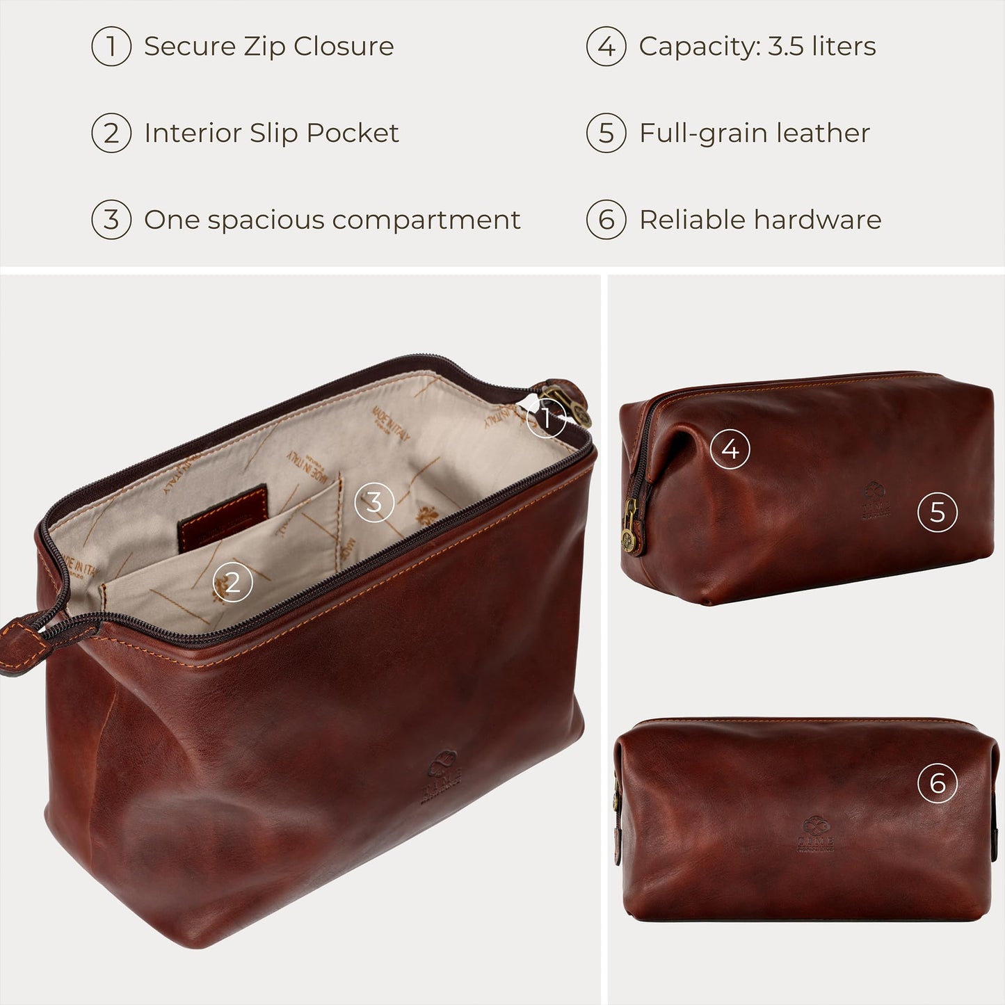 Time Resistance Leather Toiletry Bag - Italian Cosmetic Case Dopp Kit (Brown)