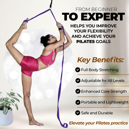 Pilates Stretching Strap with Door Anchor - Flexibility Equipment for Pilates Practitioners - Ideal for Improving Leg Flexibility, Core Stability, and Posture Alignment at Home (Purple)