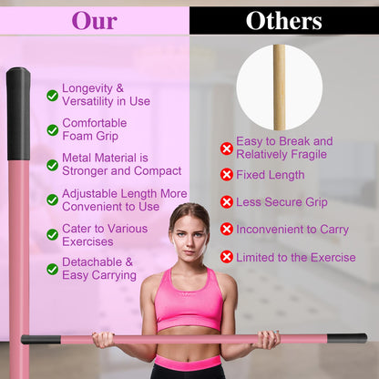 5ft Yoga Stick - Sturdy Steel Adjustable Stretching Stick for Mobility, Flexibility & Balance | Non-Slip Ends & Foam Handles | Exercise Pole for Fitness, Physical Therapy, Posture Correction Pink