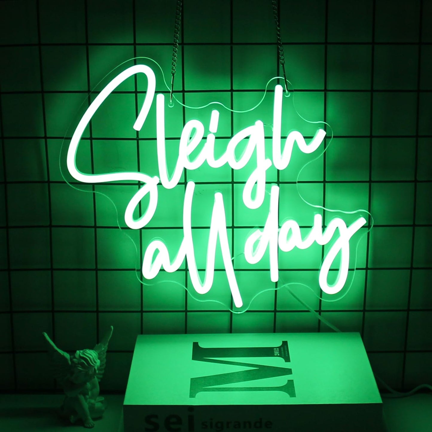 CKTBLEY Sleigh All Day Neon Lights Signs Christmas Neon Sign Green Letter LED Neon Lights for Wall Words Xmas Neon Light Up Sign for Bedroom Bar Man Cave Christmas Party Decor