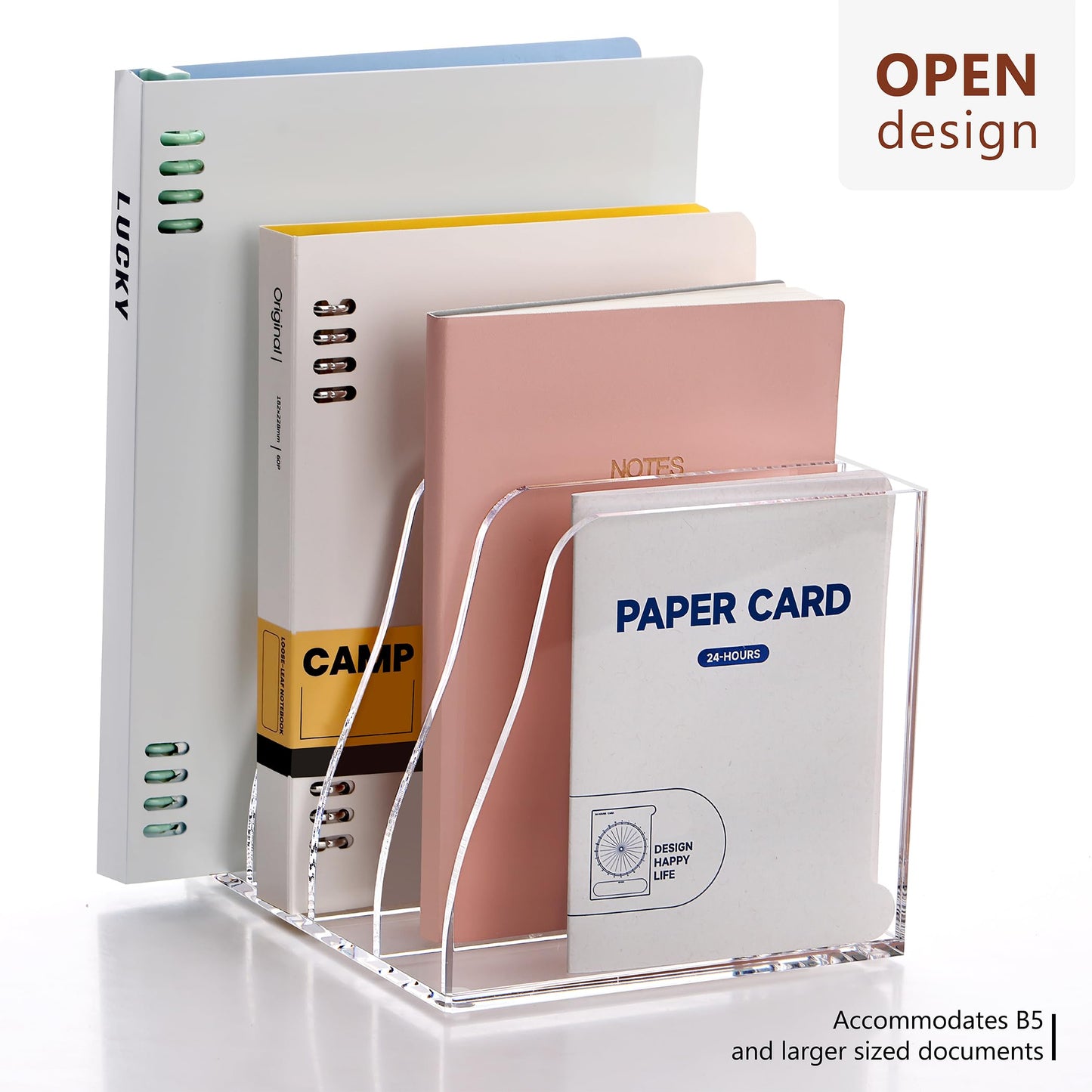 YUXUN Clear Acrylic File Folder Holder - 4 Vertical Compartments Desk Document Sorter, Upright Magazine Rack for Office/Home/Classroom, Stores Documents, Tablets, Magazines, Books & Accessories