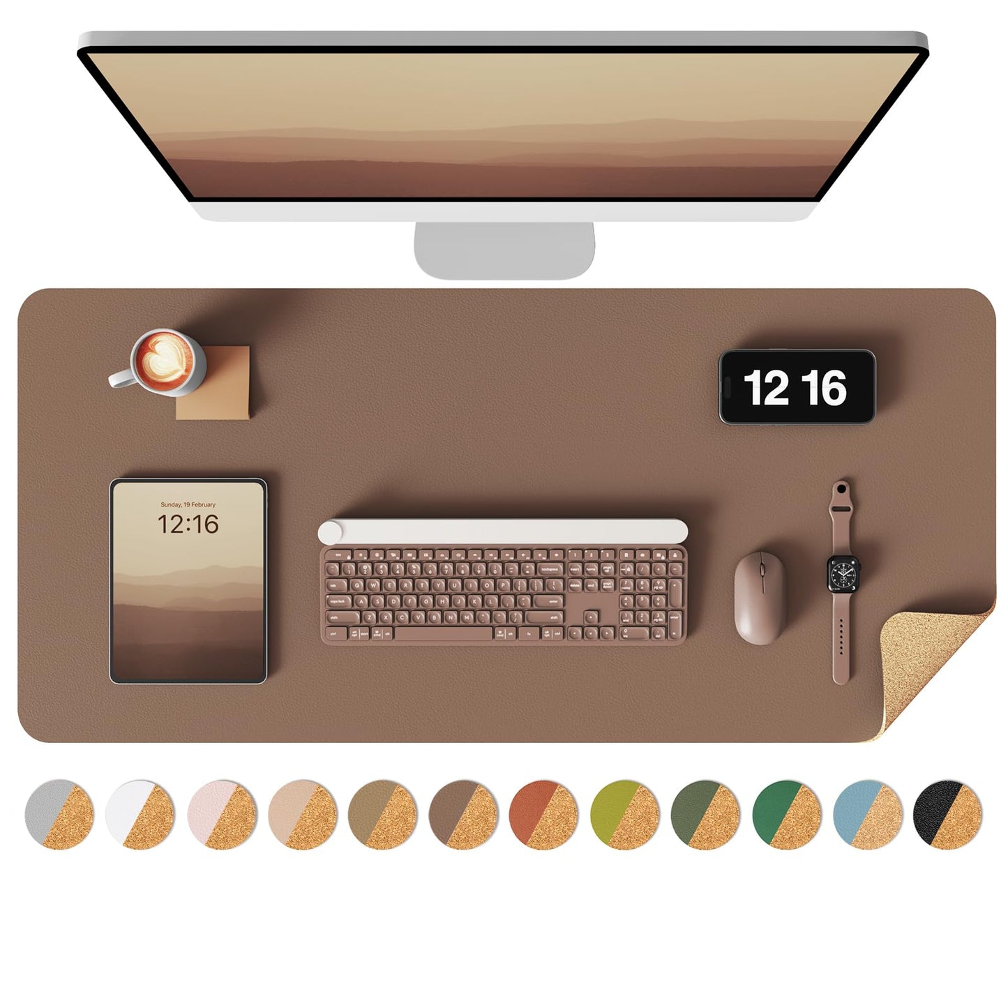 YSAGi Double-Sided Desk Pad, 31.5"x15.7"Leather Desk Mat, Eco Cork Desk Pad Protector,Large Mouse Pad,Waterproof Desk Blotter for Office/Home(Coffee)