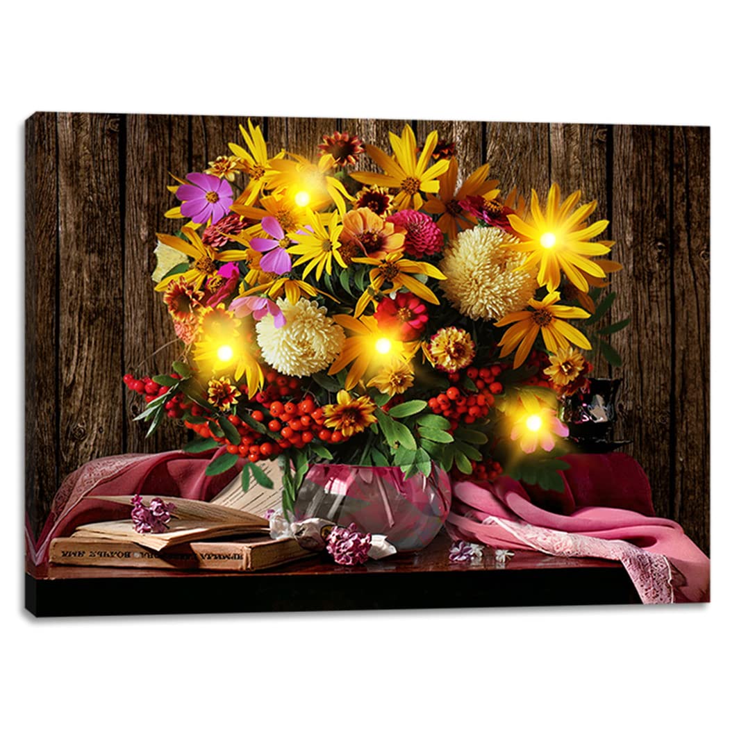 alottagifts Flower Bouquet Lighted Canvas Wall Art Print 16" x 12" With Timer | LED Canvas Canvas Wall Art Print Design (Flower Bouquet,16" x 12")
