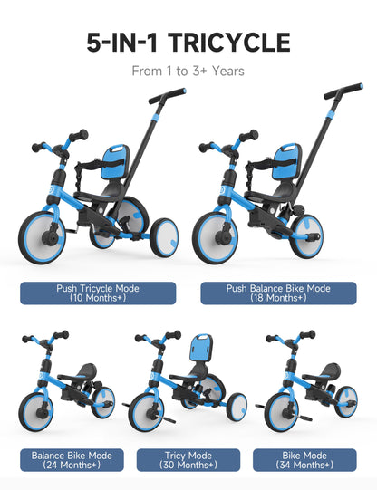 besrey 5-in-1 Toddler Tricycle with Push Handle, Grow with Me Kids Trike for 1-3 Years, Balance Bike & Tricycle, Adjustable Parent Steering, Safety Seat with Backrest