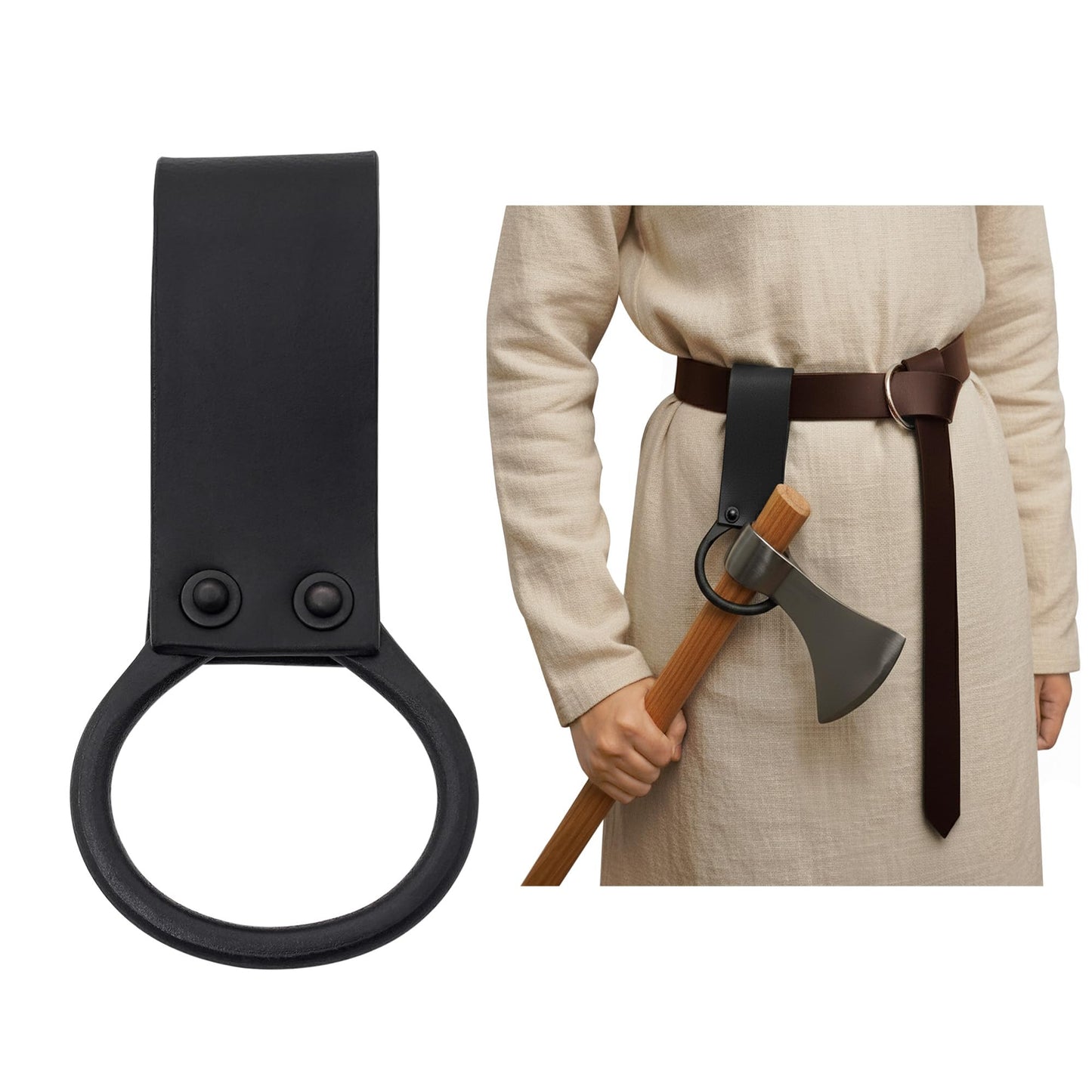 Lord of Battles Medieval Leather Axe Frog – Heavy Duty Belt Axe Holder with Steel O - Ring |6 Inch Genuine Leather Axe Holster for Viking, LARP, SCA & Reenactment Gear (Black)