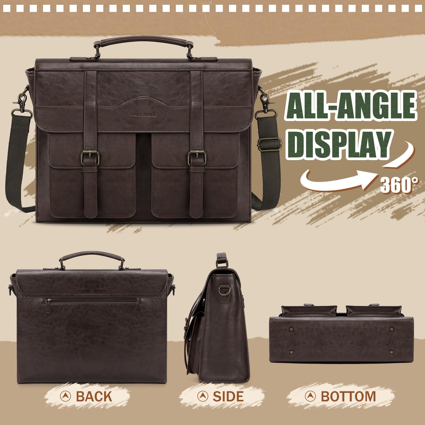 RAINSMORE Mens Messenger Bag 17 Inch Vintage Leather Laptop Briefcase Magnetic Closure Large Satchel Computer Shoulder Bag for Office Travel College, Coffee