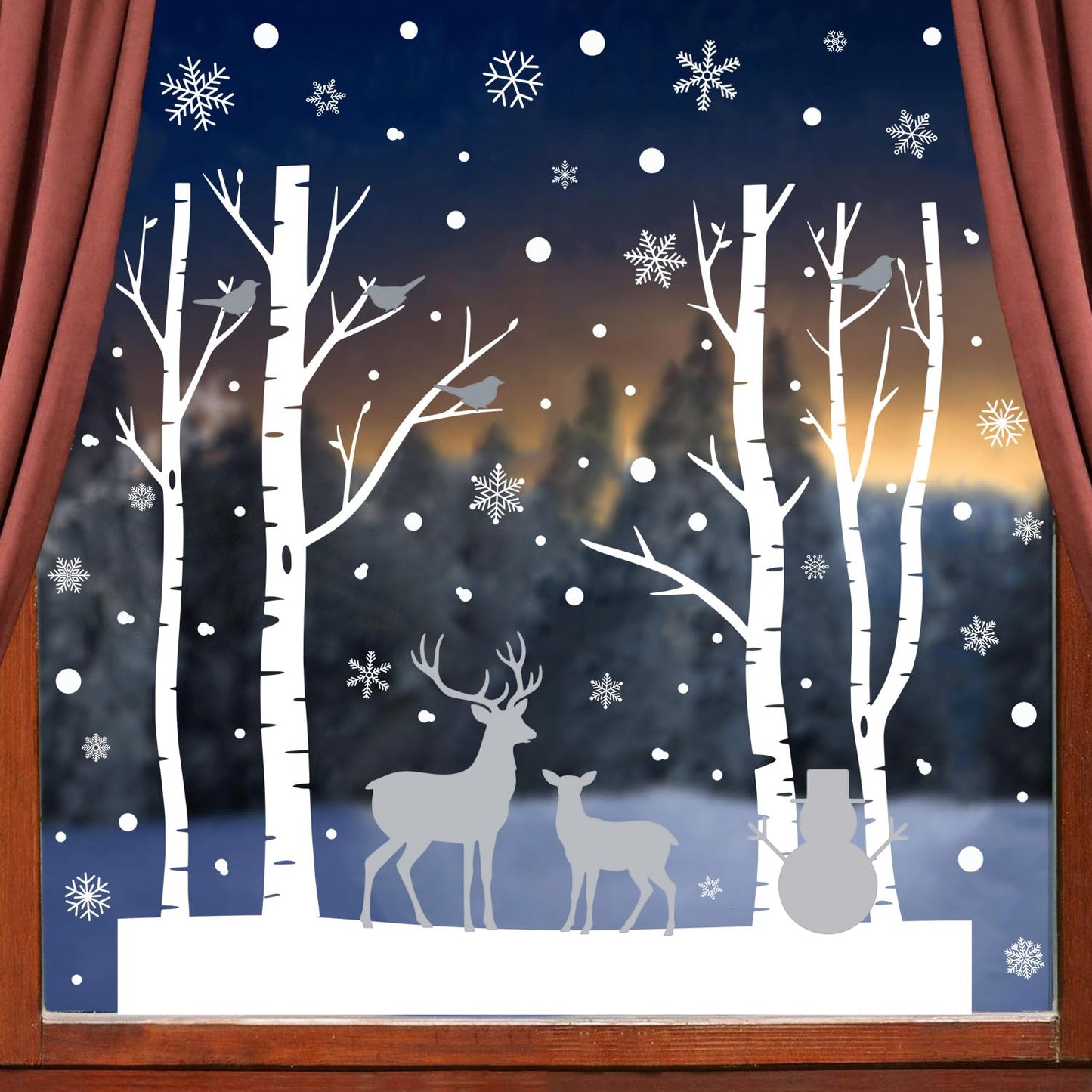 Kasubeso Merry Christmas Wall Decals, Black Santa Reindeer and Snowflake Window Clings, Removable Vinyl Wall Stickers for Holiday Party Bedroom Living Room Offices Home Decoration