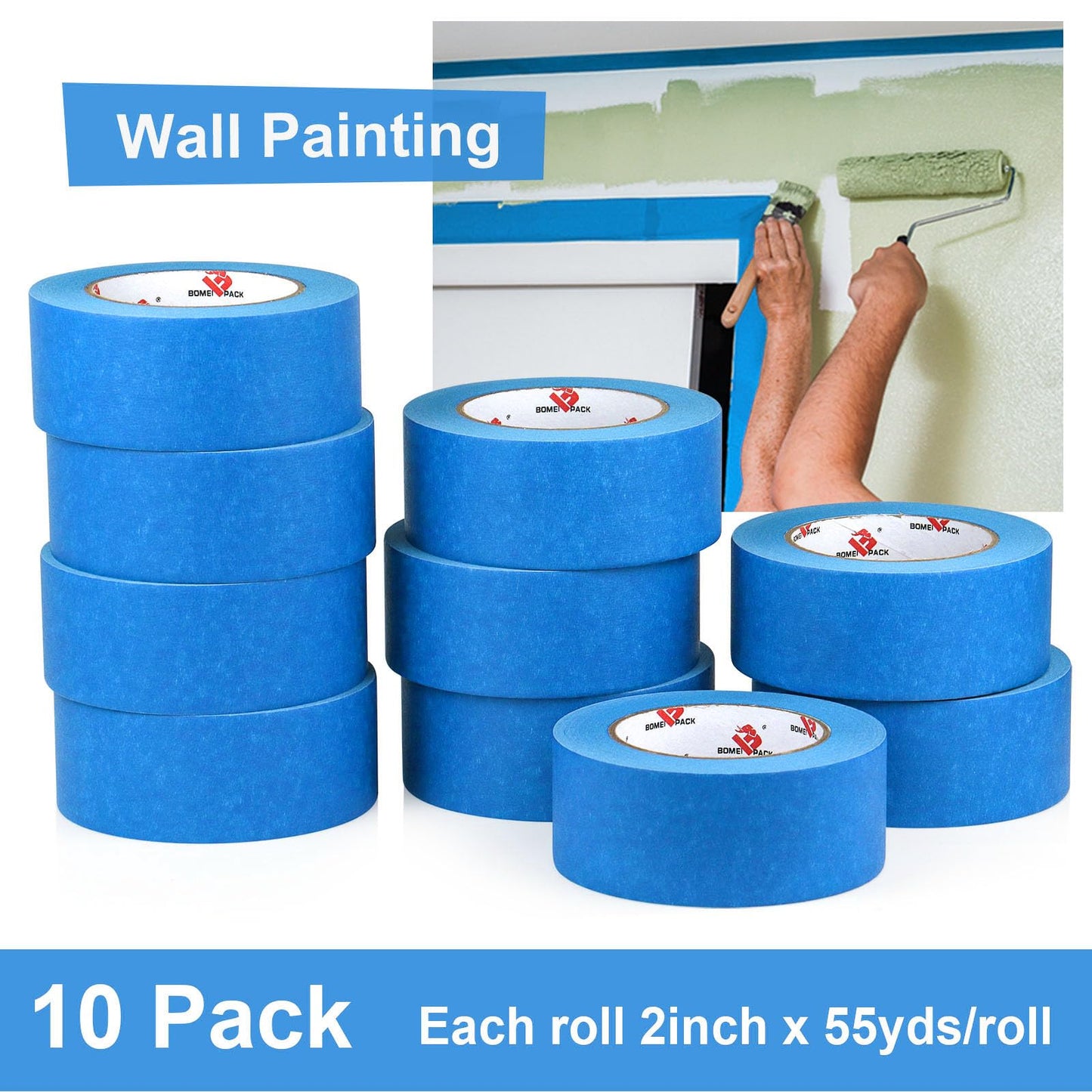 BOMEI PACK 10 Rolls Painters Tape 2 inch Wide, Painter's Tape Blue Masking Tape 2 inch x 55 Yards for Walls Painting, Home Improvement and School Projects, Total 550 Yards