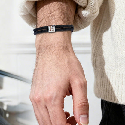 BHDJSHX Personalized Initial Rope Bracelet for Men, Stainless Steel A-Z Letter Charm Bracelet,Adjustable Handmade Braided Black Cord,7-13 Inches,Gifts For Men,Brothers,Son,Boyfriend(C)