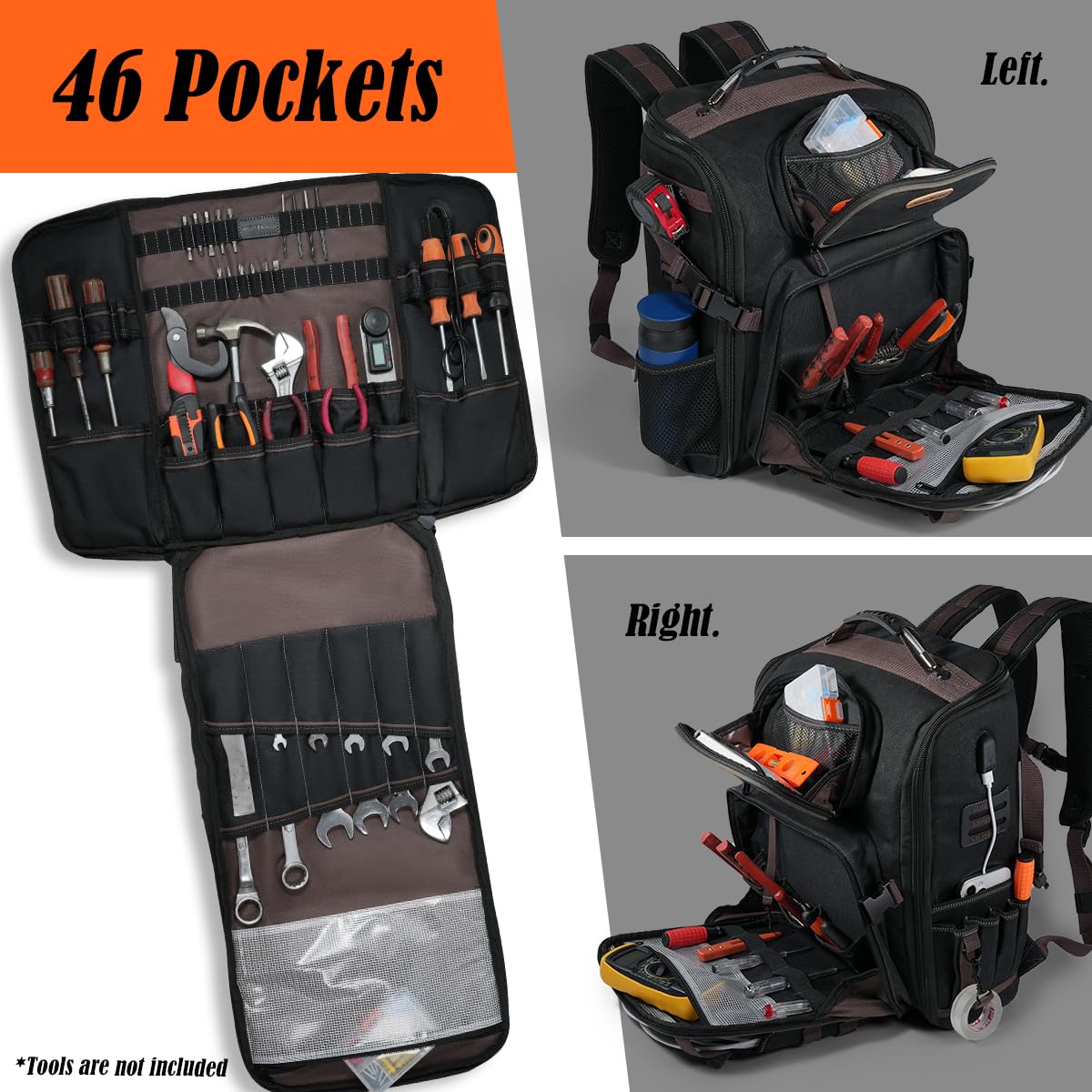 WELKINLAND 46-Pockets Electrician Backpack, Full-Open Tool Backpacks, Heavy Duty Tools Backpack, Waterproof Waxed-Canvas Tool Backpacks, HVAC, Mechanics Tools Bag
