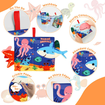 YOGINGO 2PCS Baby Books - Montessori Toys Cute Animal Theme Baby Cloth Books 6 to 12 Months, Soft Stuffed High Contrast Crinkle Infant Sensory Toys, Boys&Girls Kids Early Learning Gifts