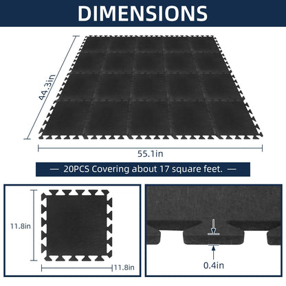 20 Pieces Sound Absorbing Interlocking Floor Mats, 11.8 x 11.8 x 0.4 inches High Density Felt Soundproof Pads Non-Slip Anti Vibration Puzzle Acoustic Blankets Piano Carpet Drum Rug, Black