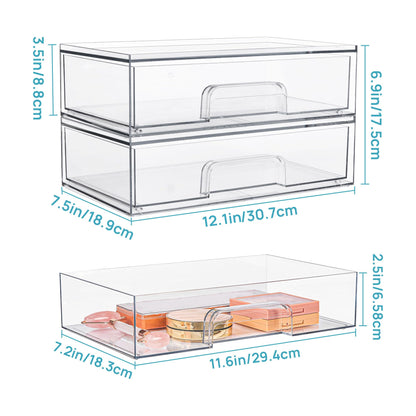 Vtopmart 12.1''W Clear Stackable Storage Drawers,2 Pack Acrylic Plastic Organizers Bins for Makeup Palettes, Cosmetics, and Beauty Supplies,Ideal for Vanity, Bathroom,Cabinet,Desk Organization