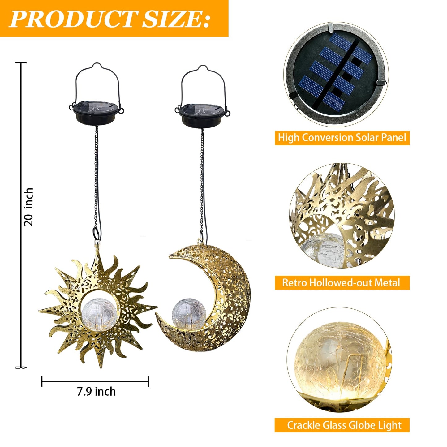 Amugmilk Solar Hanging Lights for Outside Garden,Outdoor Metal Lanterns Sun Moon Lamp, Large Decorations for Yard Garden Patio Proch Tree Wall, Christmas Gifts for Women Mom