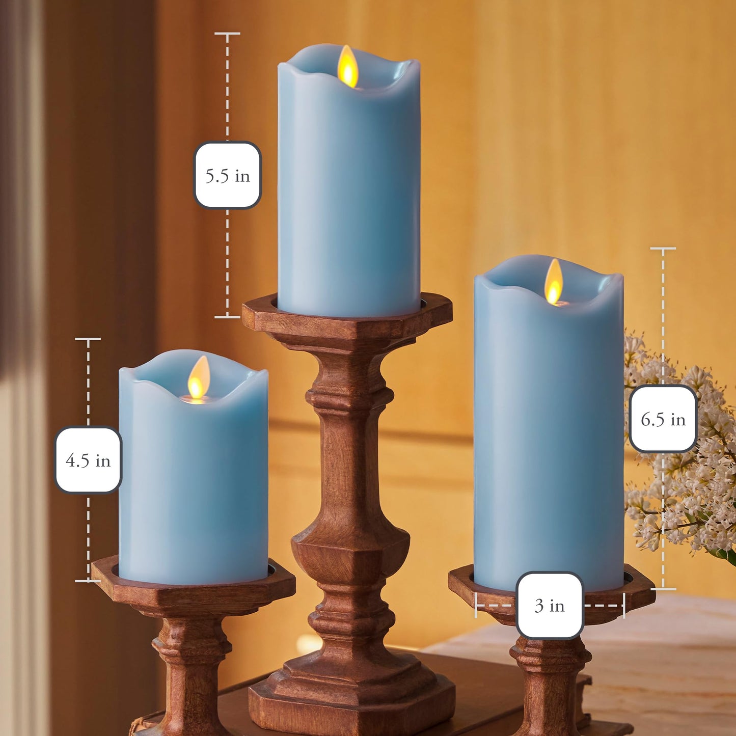 Matchless Candle Co. by Luminara Set of 3 (3" x 4.5",5.5",6.5") Flameless LED Flickering Battery Candle Moving Flame Pillar, Melted Edge, Real Wax Smooth Finish (Pastel Blue)