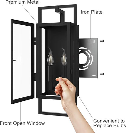 𝟐𝟏.𝟒𝟔𝐈𝐍 Outdoor Light Fixture, Dusk to Dawn Outdoor Lighting 2-Light, Waterproof Outdoor Wall Lights with Tempered Glass, Black Front Open Window Outdoor Lights for House Porch Patio