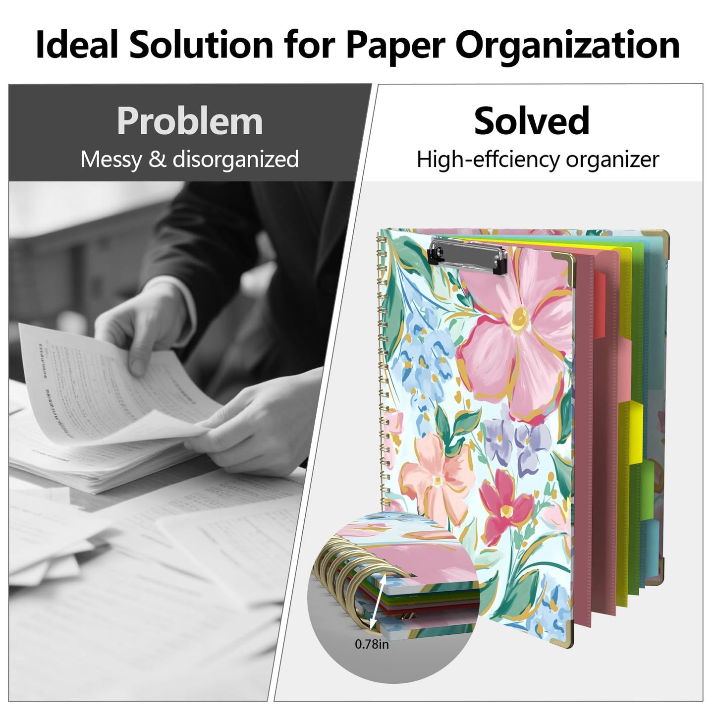 Clipboard Folio with Storage 8.5 X 11 Padfolio Notebook, Clipboards with Notepad Spiral with 10 Pockets and 5 Folders Nursing Teacher School Essentials (Pink Floral)