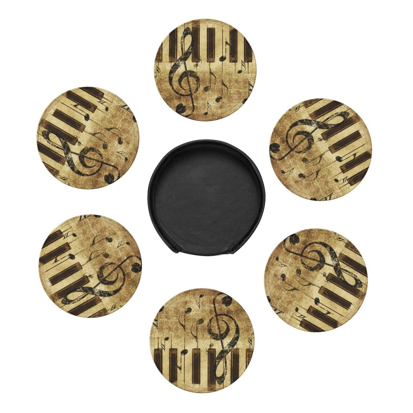 Famame 6 Pcs Leather Coasters for Drinks with Holder Grunge Retro Piano Music Notes Coaster Sets Drink Table Cup Coasters for Living Room Kitchen Coffee Decor
