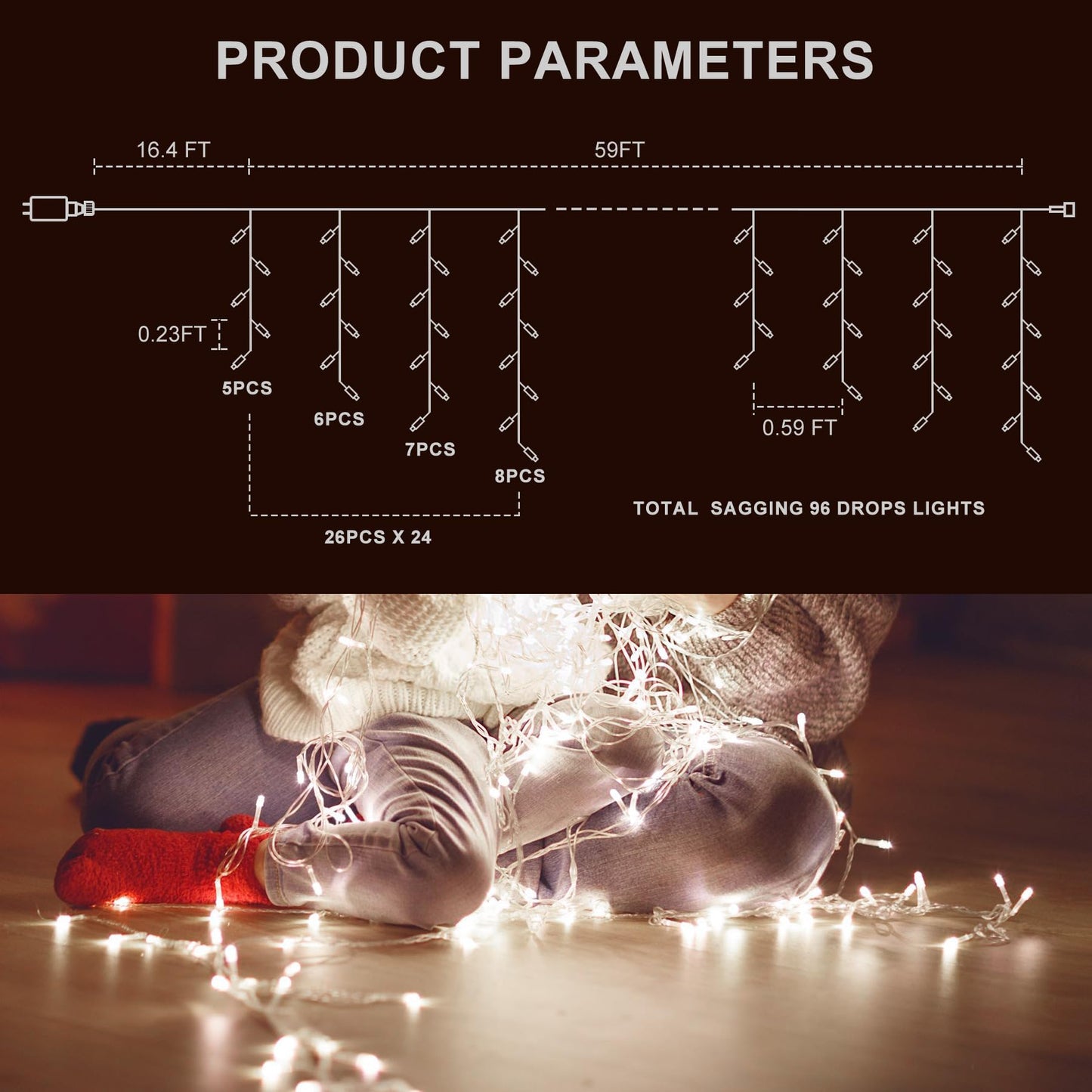 TOPPORTED Icicle LED Christmas Lights Outdoor, 624 LED 59FT 8 Modes with 96 Drops Cool White Icicle Lights,Outdoor Indoor Fairy String Lights for Christmas Party,Holiday,Wedding Decorations