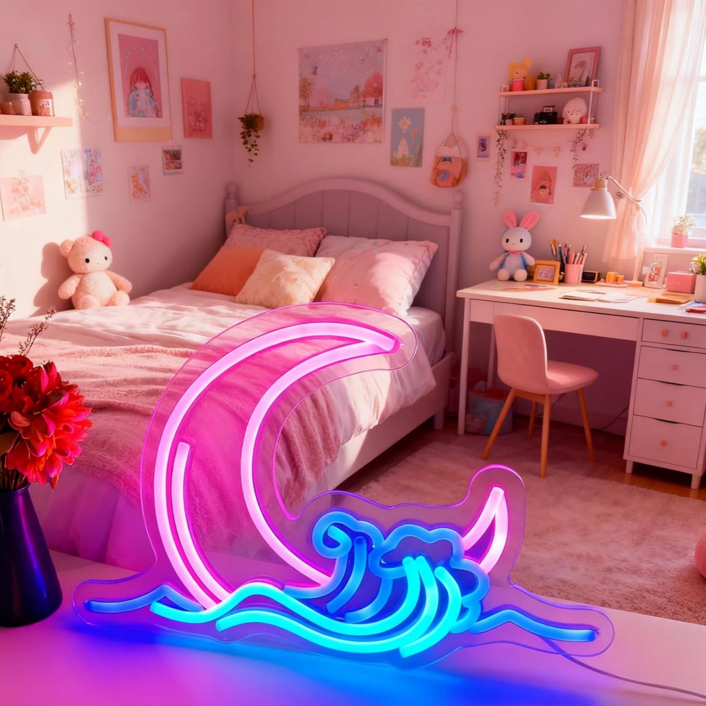 Moon and Wave Neon Sign for Wall Decor Pink Moon Blue Wave LED Neon Light for Bedroom Dresser Aesthetic Room Decor USB Powered Wall Art for Living Room Bar Kid's Room Ideal Teens Girls Gifts