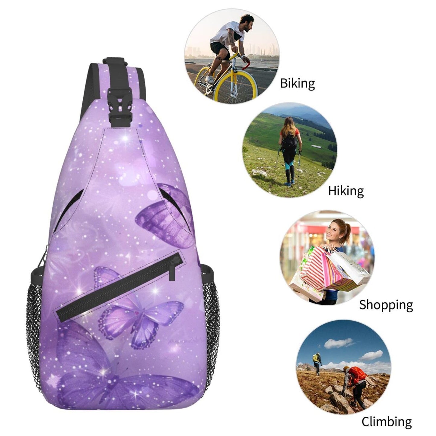SUPLUCHOM Sling Bag Butterfly Purple Pastel Hiking Daypack Crossbody Shoulder Backpack Travel Chest Pack for Men Women