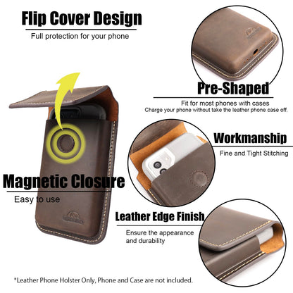 Topstache Leather Phone Holster for iPhone 17/16/15/14/13/12 - Leather Pouch with Belt Clip Phone Holster Belt Case for Galaxy S25/S24/S23/S22 - Universal Smartphone Sheath, L,Darkbrown