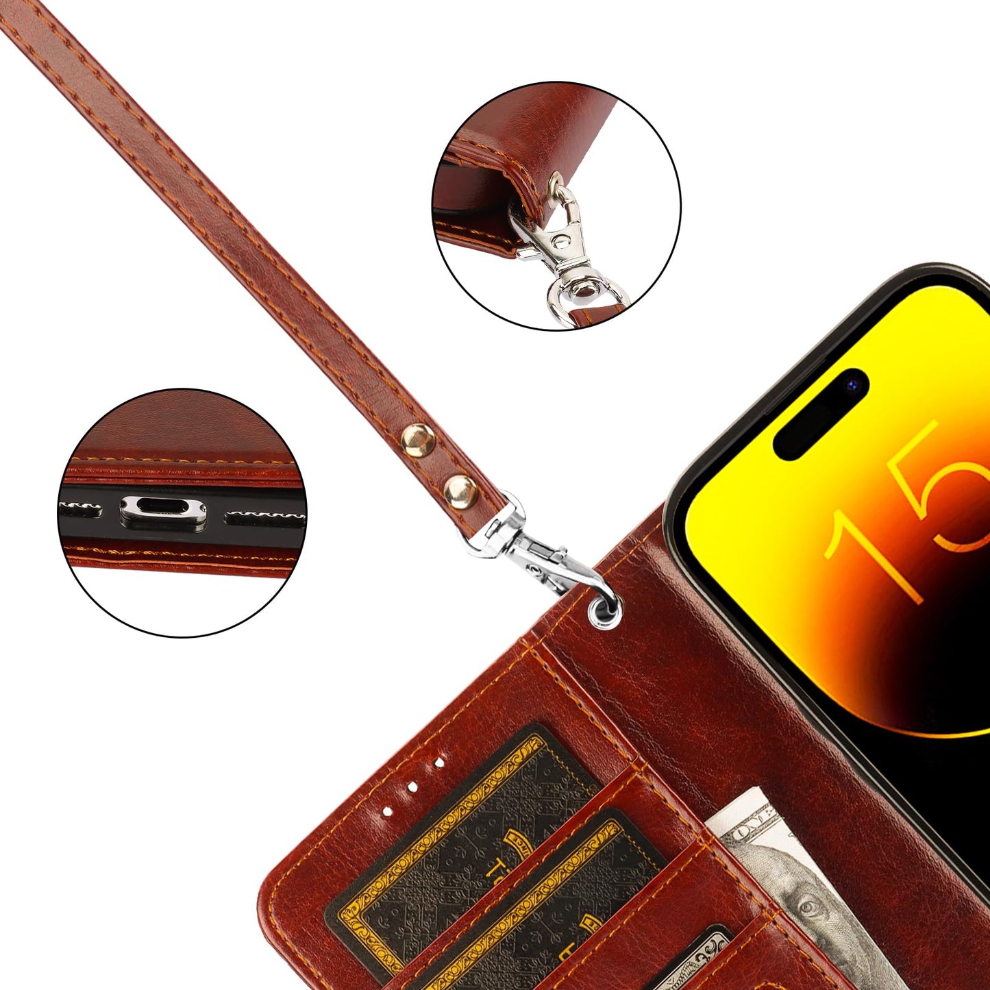 Bocasal Detachable Wallet Case for iPhone 15 RFID Blocking Card Slots Holder Premium PU Leather Magnetic Kickstand Shockproof Wrist Strap Removable Flip Protective Cover 5G 6.1 inch (Brown)