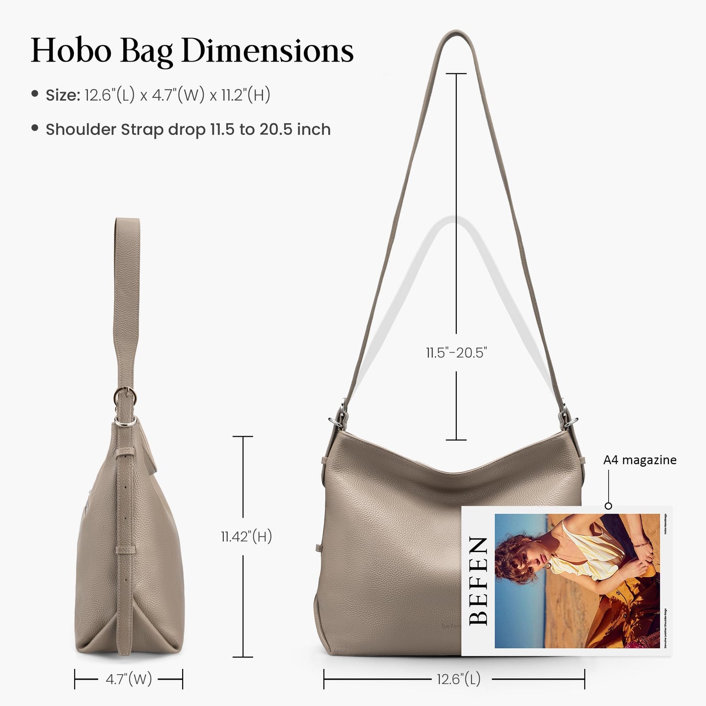 befen Soft Real Leather Hobo Bags for Women, Woman Crossbody Purses Leather Purse Shoulder Handbag Slouchy Bag for Daily & Travel Taupe