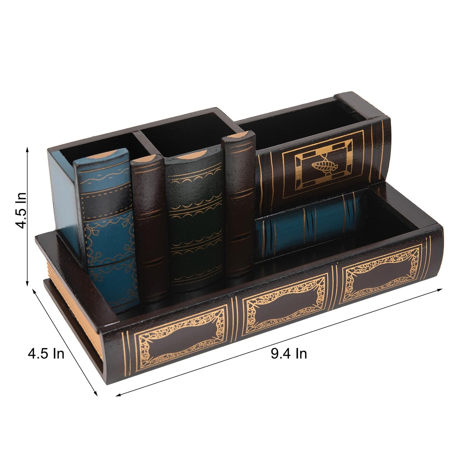 VERGOODR Decorative Pencil and Pen Holder with Storage Drawer, Wooden Desk Organizer Caddy, Antique Library Books Design Pen Cup for Office Supplies, Countertop, Desk,Table (Reddish brown)