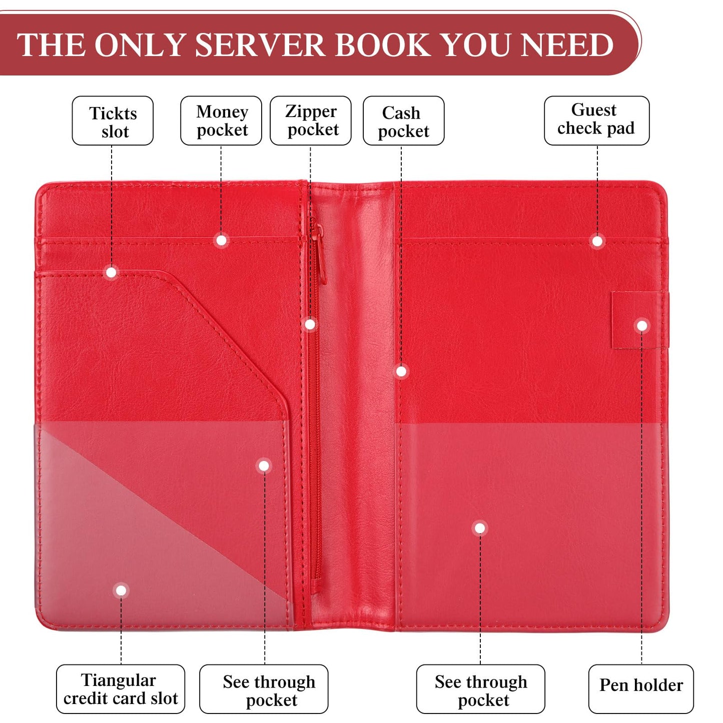 Containlol 6 Pcs Waitress Server Books Guest Book Pad Leather Money Organizer Wallet Organizer Waiter Cash Check Bill Receipt Holder with Pocket for Waitstaff Fit Apron(Red Style)