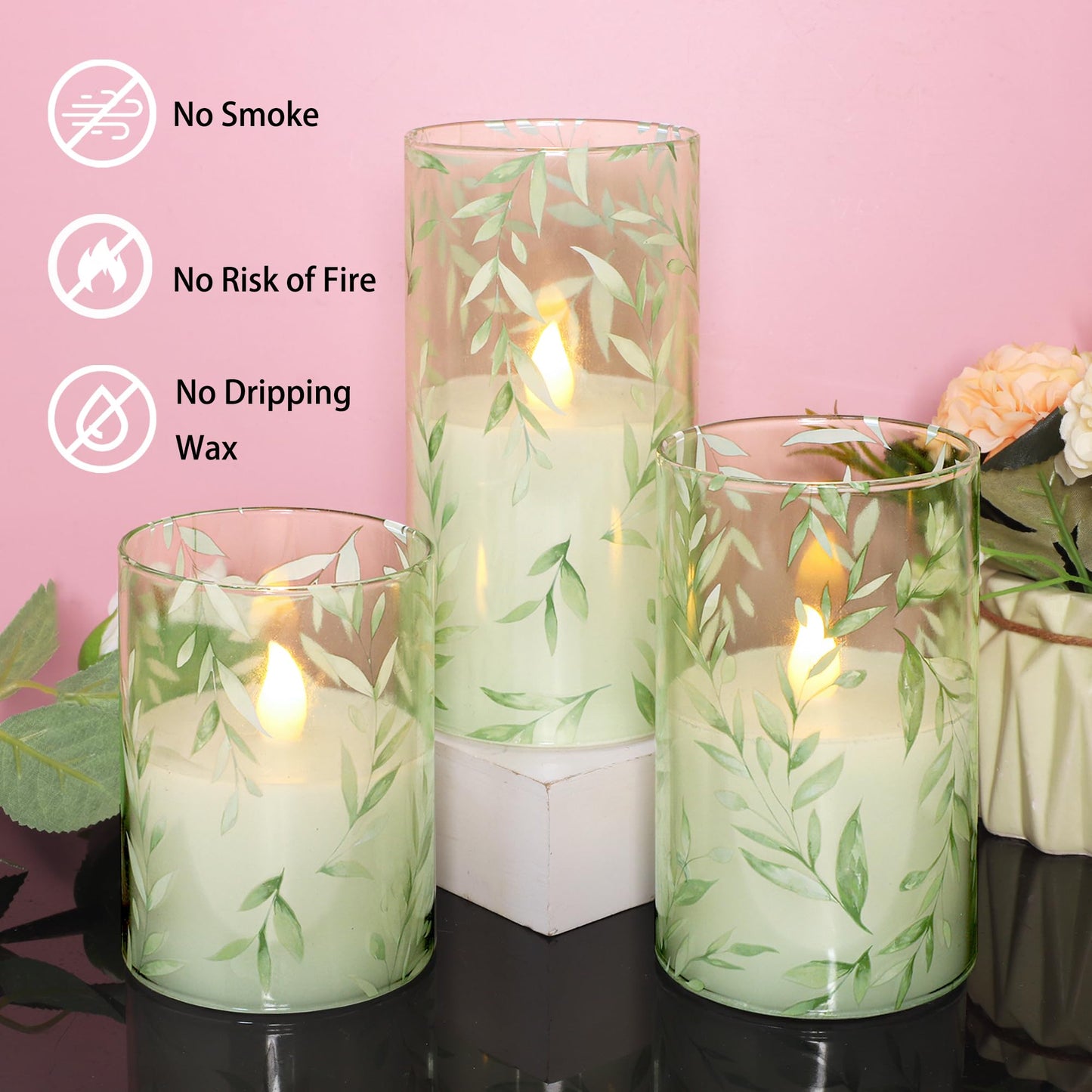 Crystal Club Glass Flameless Candles with Remote Timer, Battery Operated Flickering LED Pillar Candles, Green Willow Leaves Design for Wedding Holiday Home Decor
