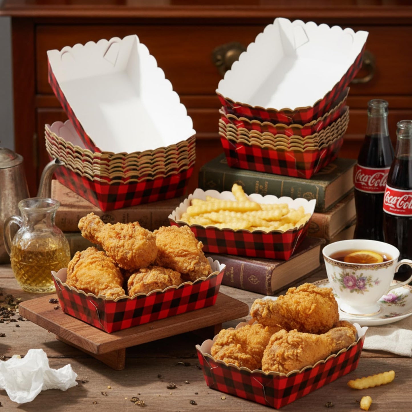 Dunzoom 50 Pack Christmas Buffalo Plaid Paper Plates Food Trays Red and Black Checkered Polka Dot Plates Disposable Food Boats for Snacks Nachos Hot Dog Carnival Bridal Baby Shower Party Decor