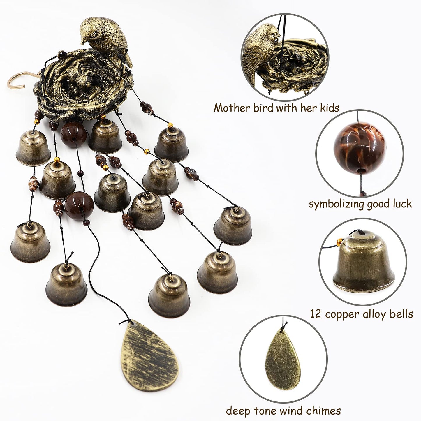 Bird Nest Wind Chimes,Wind Chimes for Outside with 12 Wind Bells for Glory Mothers Love Gift,Bird Bells Chimes Hanging Decoration for Outside Garden Yard Church, Bronze