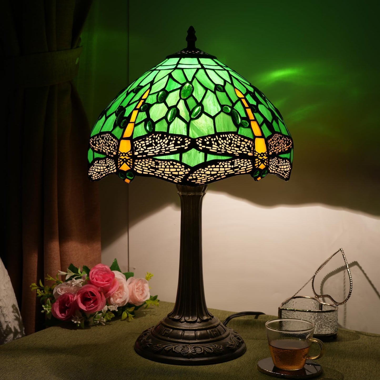 wecrejoni Tiffany Lamp Green Dragonfly Stained Glass Table Lamp 12X12X18 Inches Green Dragonfly Style Desk Reading Light Decor Beside Bedroom Living Room Home